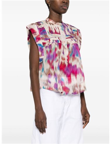 LEAZA - Printed blouse with pleated neckline - pink