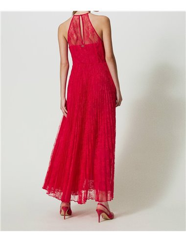 Pleated and lace dress - strawberry