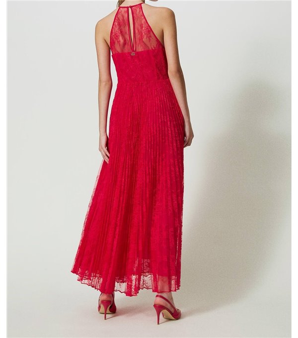 Pleated and lace dress - strawberry