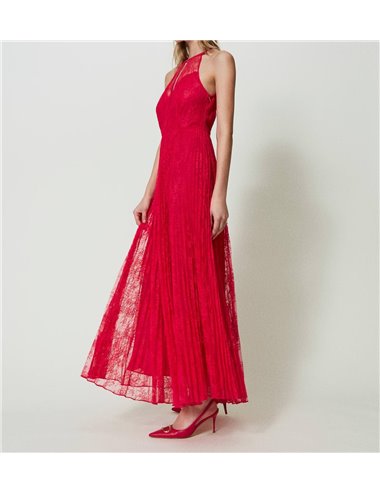 Pleated and lace dress - strawberry