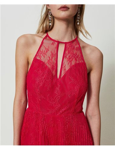 Pleated and lace dress - strawberry