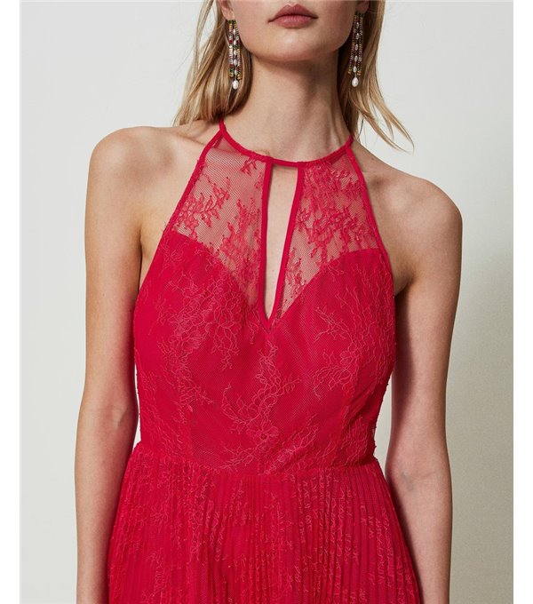 Pleated and lace dress - strawberry