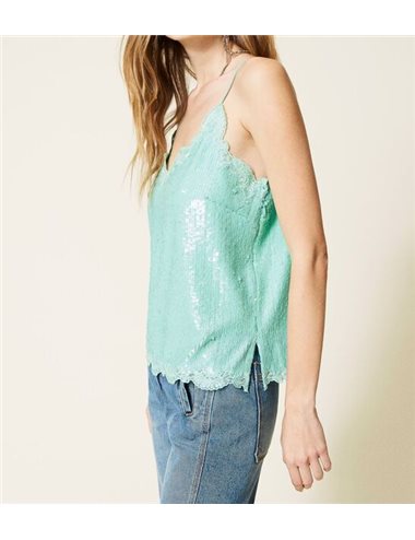 Lace and sequins top - turquoise