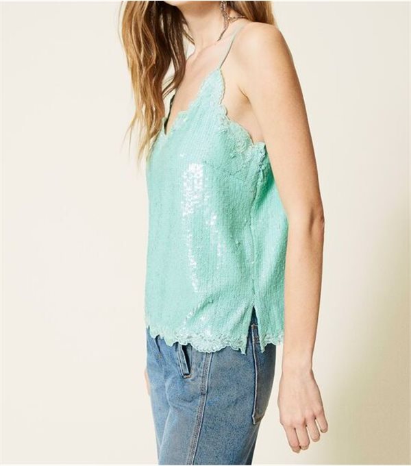 Lace and sequins top - turquoise