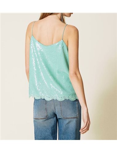 Lace and sequins top - turquoise