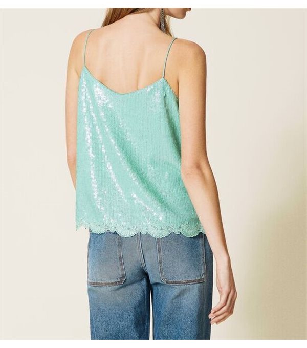 Lace and sequins top - turquoise