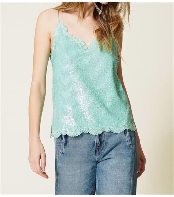Lace and sequins top - turquoise